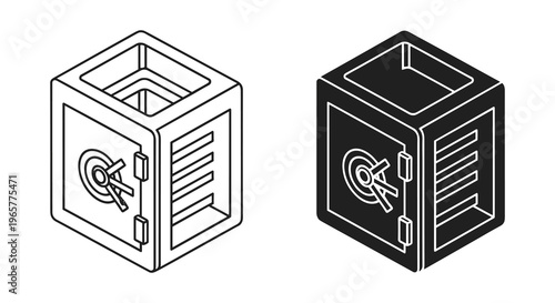Isometric bank safe box vector icons, black and white line art vault symbols, secure metal deposit locker for financial protection and storage