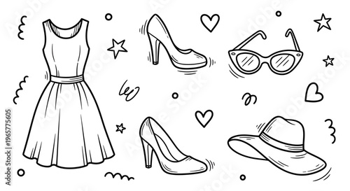 Fashion illustration of stylish dress, high heels, sunglasses and hat with hearts and stars