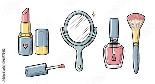 Makeup products arranged on a table with a mirror and brushes