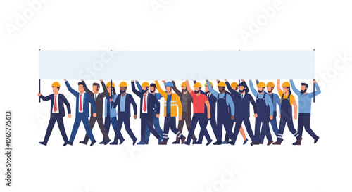 Flat 2D illustration of workers marching and holding a large blank banner in a labor protest concept with a group of people in various business casual outfits.