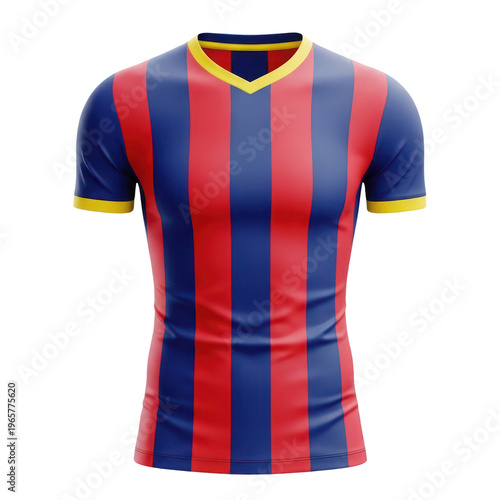 Blue and red striped soccer jersey with yellow collar