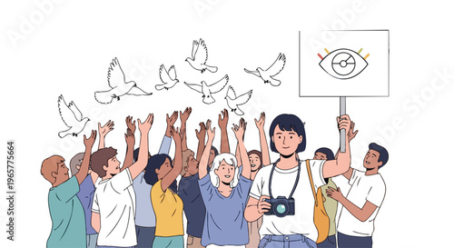 Diverse group of people protesting with raised hands, a camera, and a sign featuring an eye with doves flying above, conveying a message of freedom and peace in a flat 2D illustration.
