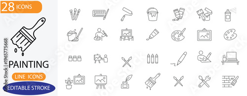 Painting Line Icons Set. Features icons of brushes, palette, easel, and paint tubes. Perfect for art studios, design tools, and creative projects.