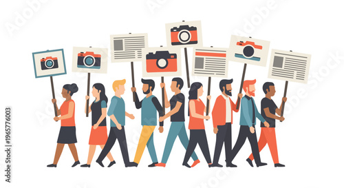 A group of diverse people walking and protesting for freedom of media, holding signs with cameras and screens in a flat 2D illustration with a bold and colorful style.