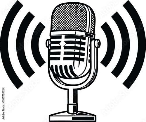 A professional microphone on a stand with sound waves emanating from it, symbolizing broadcasting and communication.