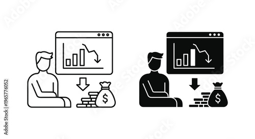 Financial loss and bankruptcy icons, businessman with falling stock market chart and money bag, economic crisis and debt vector illustration