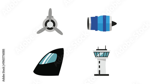 Collection of icons representing different aspects of aviation and transportation