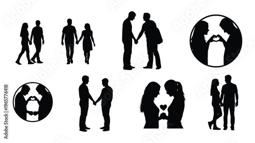 A collection of black silhouettes depicting couples in various loving poses showcasing relationships and togetherness silhouette high quality professional