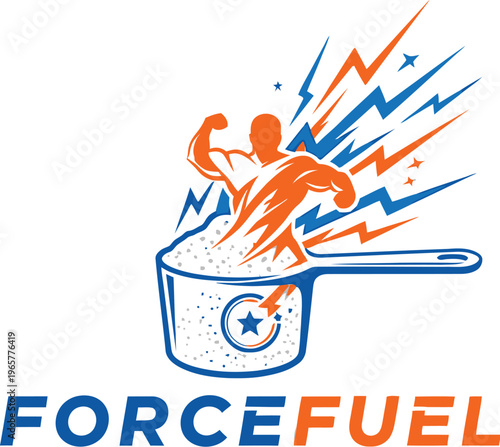 A dynamic logo for a fitness brand, ForceFuel, featuring a muscular figure emerging from a pot.