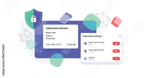 Flat 2D graphic illustrating cyber attack protection with a shield and mobile device on a blue background with various data security elements.