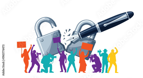 Flat 2D illustration of a broken padlock with a pen, surrounded by colorful people protesting for freedom and media, on a white background.