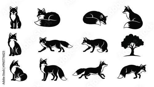 A collection of black and white fox illustrations in various poses alongside a tree presented as a silhouette