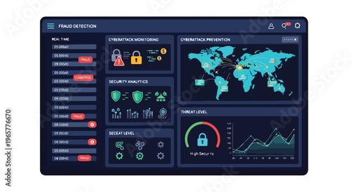 A flat 2D graphic depicting a cyber security dashboard with various data visualizations and icons on a dark blue background, conveying a sense of protect and financial transaction monitoring.