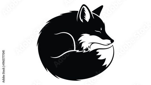 A striking black silhouette of a curled up fox showcasing its fluffy tail and peaceful repose silhouette high quality