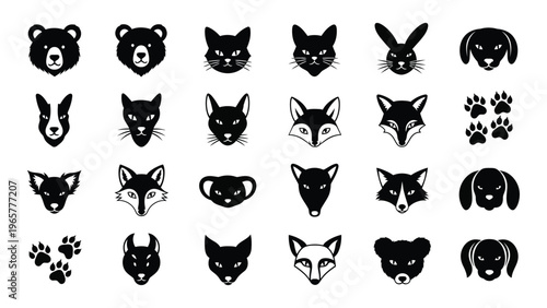 A collection of various animal head silhouettes including bears cats foxes rabbits and dogs displayed in a grid silhouette