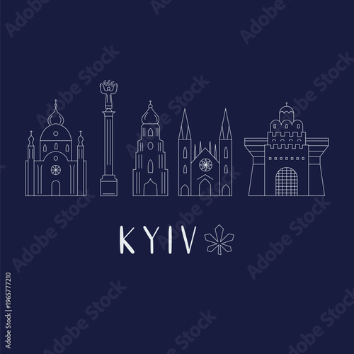 Kyiv landmarks skyline in line style vector illustration.