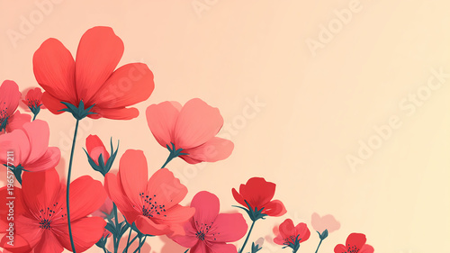A soft and delicate floral background featuring red and pink blossoms arranged in a light, airy composition with ample empty space for text.  made with generative AI