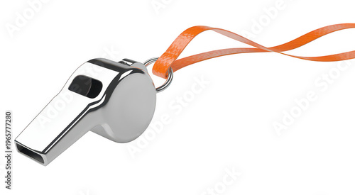 Close-up of silver whistle with orange lanyard isolated on a transparent background