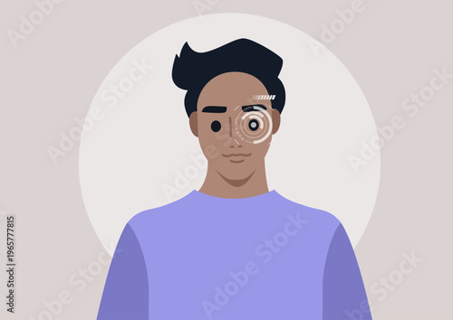 A creative depiction showcases the intricate eye retina recognition technology, It highlights the seamless blend of human features and digital advancement, emphasizing eye identification.