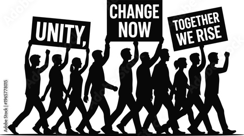 Black silhouette protest march with unity signs, change now banners, together we rise message, collective action solidarity movement illustration