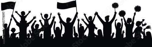 Energetic cheering crowd silhouette with flags and pom‑poms celebrating unity, sports victory, concert excitement, festive rally, joyful family gathering