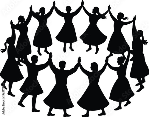 Silhouette circle dance group of people holding hands raising arms unity celebration rhythm traditional movement vector illustration communal artwork design