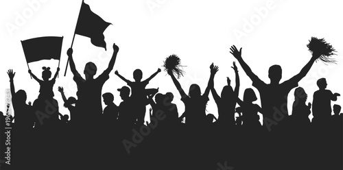 Silhouette crowd of cheering people with flags and pom‑poms celebrating unity, sports victory, concert energy, rally excitement, festive gathering