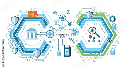 Flat 2D illustration of a cyber security and financial transaction concept with protect and data shield icons in a blue and green color scheme on a white background.