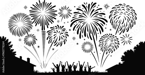Silhouette crowd watching fireworks celebration with houses and trees, festive night sky, joyful people raising arms, holiday event vector illustration