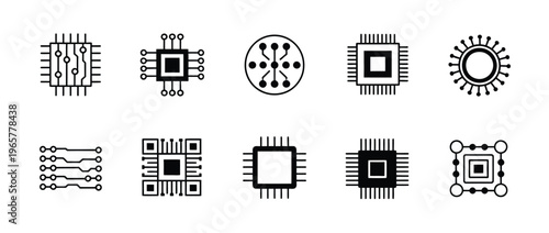 Set of black and white microchip and CPU icons for technology and electronics concepts.