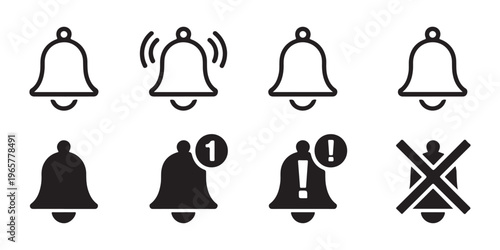 Notification bell icon set with sound off and on states and an alert or new message indicator isolated on white background.