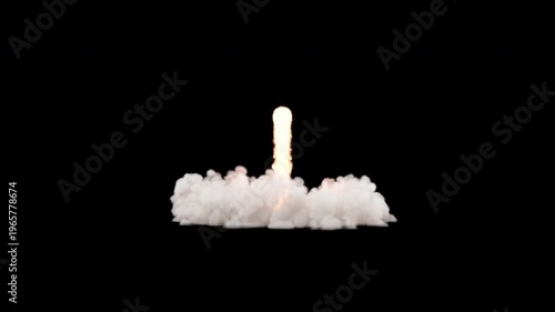 Rocket launch with exhaust plume and fire on alpha channel. 3d animation of a rocket launch. Powerful rocket liftoff isolated. Rocket takeoff with massive smoke cloud