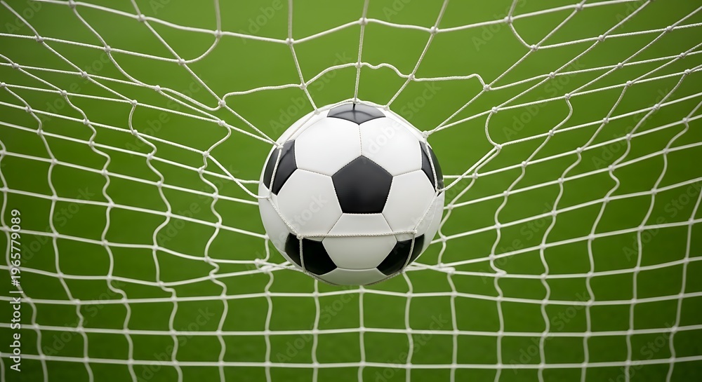 Fototapeta premium Soccer Ball Scoring Goal in Net on Green Field