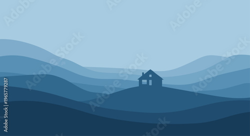 Minimalist landscape illustration silhouette of a house on rolling hills