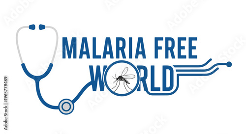 Malaria free world concept banner. stethoscope with text and mosquito inside circle. global health initiative
