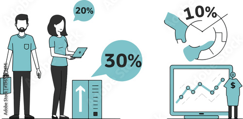 People interacting with business data and financial statistics, showcasing analytics, market trends, and growth projections in commerce