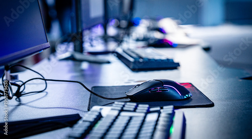 Professional esports setup: a dedicated computer station with high-performance gaming peripherals ready for a tournament.