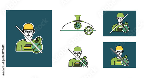 Icons of a person with no microscope and a mosquito trap, representing concepts of restricted research, pest control, and public health