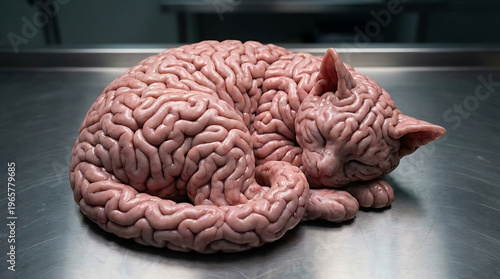 A brain-like sculpture of a sleeping cat lies on a metal surface