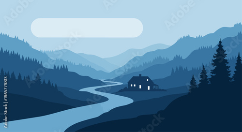 Mountain landscape scene with house and river flowing through silhouette