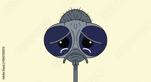 Sad mosquito face illustration with large expressive eyes and drooping proboscis representing environmental awareness and insect lifecycle concepts