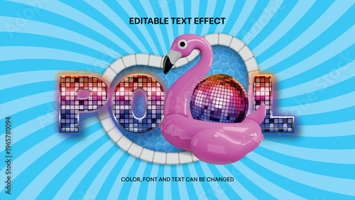 pool disco party text effect with colorful mirror ball in a flamingo swimming ring and swimming pool 