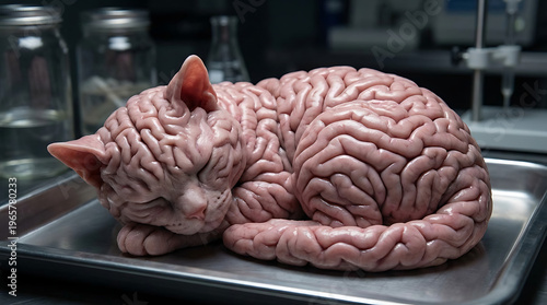 A surreal cat sculpture made of brain tissue rests on a metal tray in a laboratory setting.