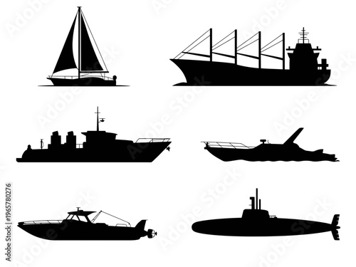 Silhouette of multiple ships on the sea with nautical and marine elements