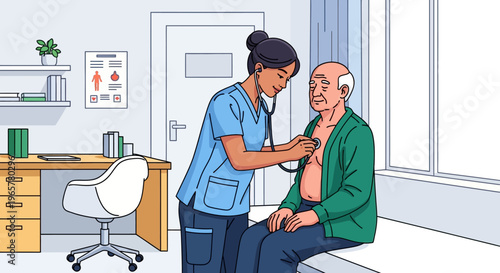 Female Physician Examining Senior Man Heartbeat