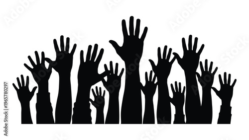 A multitude of raised hands reaching upwards depicting celebration participation or a call to action silhouette high quality professional