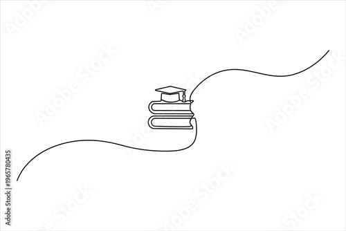 Minimalist continuous line drawing of a graduation cap sitting on a stack of books. Clean vector art for academic success and higher education.
