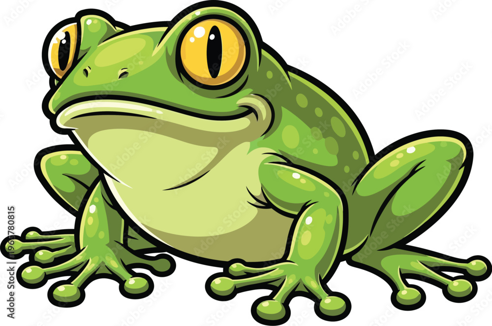 Obraz premium Vibrant stylized cartoon frog vector, an engaging green amphibian with expressive yellow eyes, ideal for whimsical designs, children's books, or educational graphics