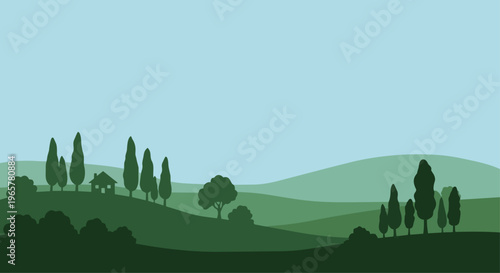 Stylized landscape illustration green hills trees sky