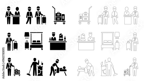 Hotel services and hospitality icon set featuring bellhop, reception desk, room service, cleaning, and spa massage in solid and line art styles.